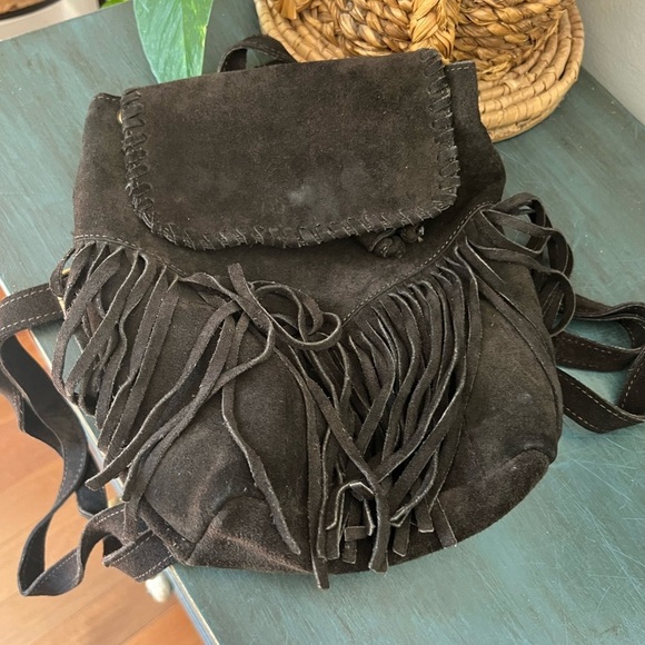 Suede festival Backpack/purse bag in dark brown with fringe - Picture 1 of 8